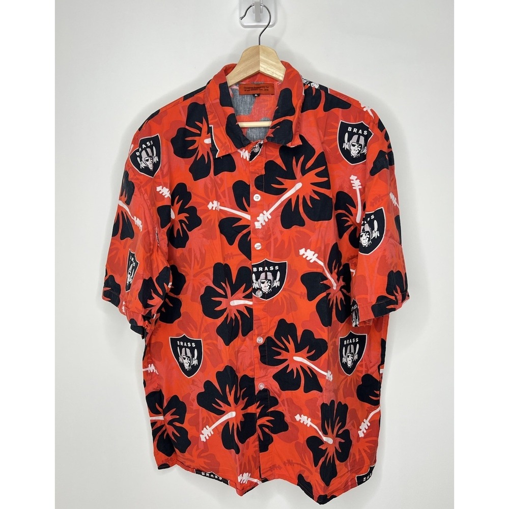 Vintage NFL Raiders Hawaiian Button Down Shirt Men XL Orange Floral Hibiscus AOP